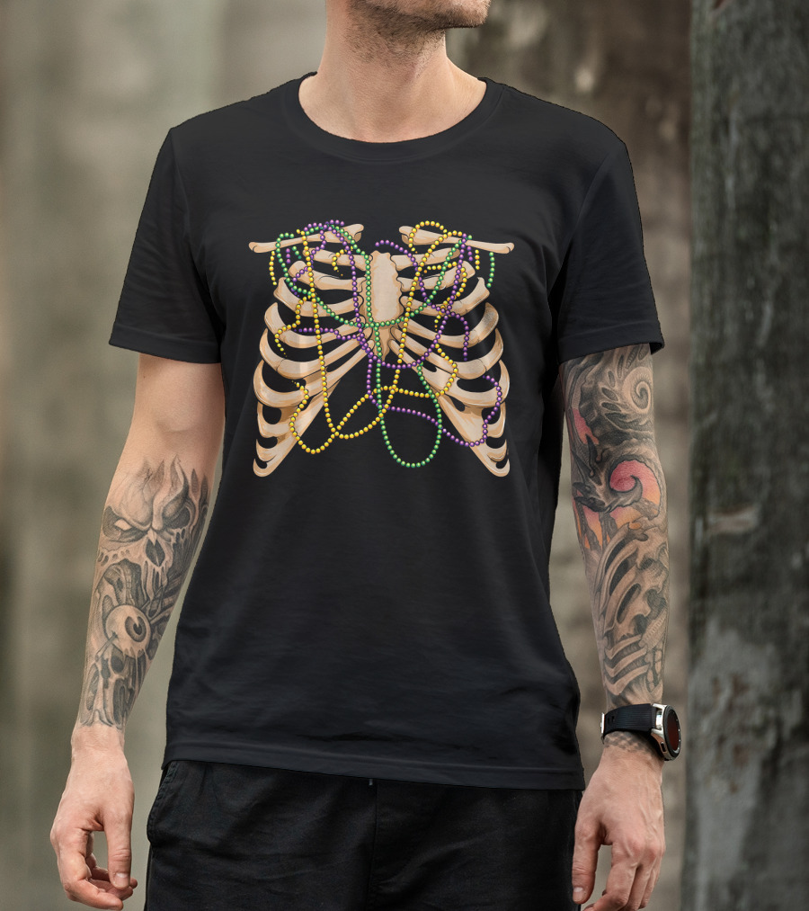 Mardi Gras Rib Cage Bone Skeleton Beads T-Shirt