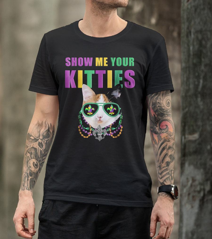 Mardi Gras Cat Show Me Your Kitties Fleur-de-Lis Sunglasses Beads T-Shirt