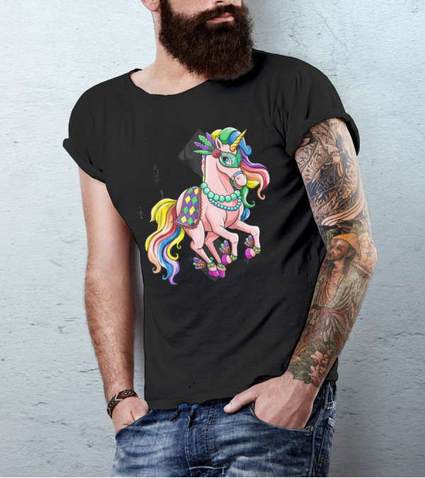 Mardi Gras Unicorn New Orleans Beads Mask Colorful Harlequin T-Shirt