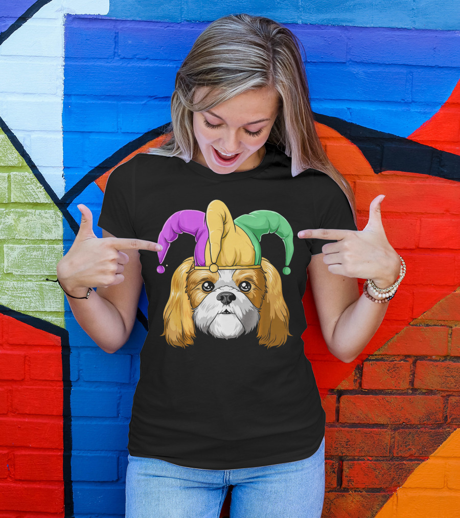 Mardi Gras Shih Tzu With Jester Carnival Hat T-Shirt
