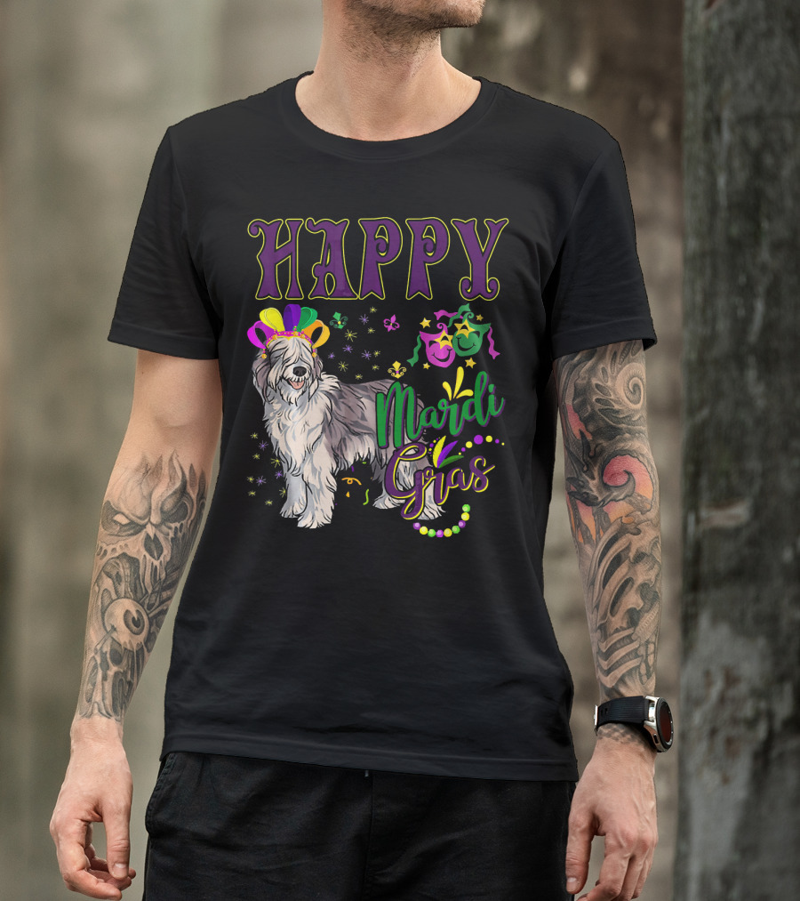 HAPPY Mardi Gras Olde English Sheepdog Mask Beads T-Shirt