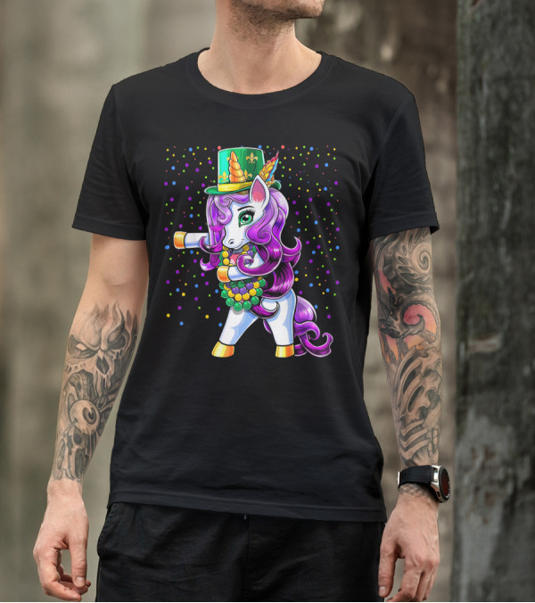 Mardi Gras Unicorn Flossing With Jester Hat And Beads T-Shirt