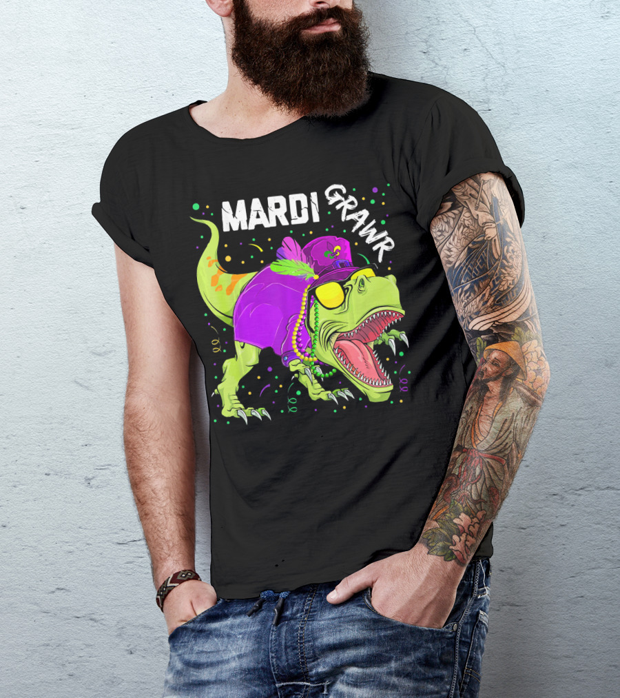 Mardi Grawr Dinosaur Mardi Gras Beads Cosplay Party T-Shirt