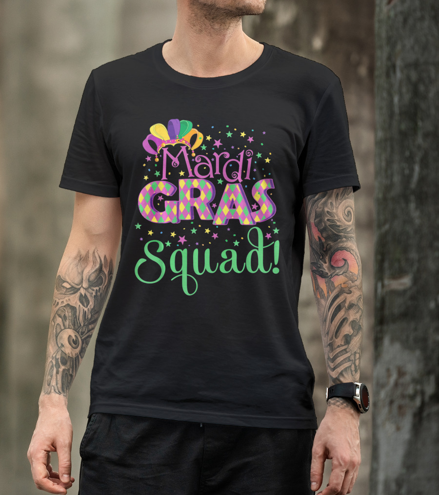 Mardi Gras Squad Funny Carnival Colorful Jester Hat And Stars T-Shirt
