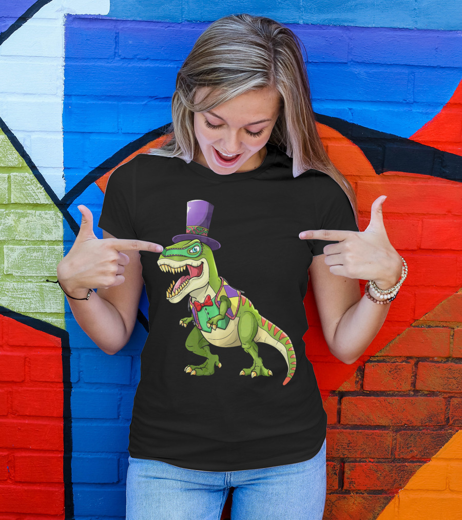 Mardi Gras Dinosaur Wearing Top Hat And Bow Tie T-Shirt