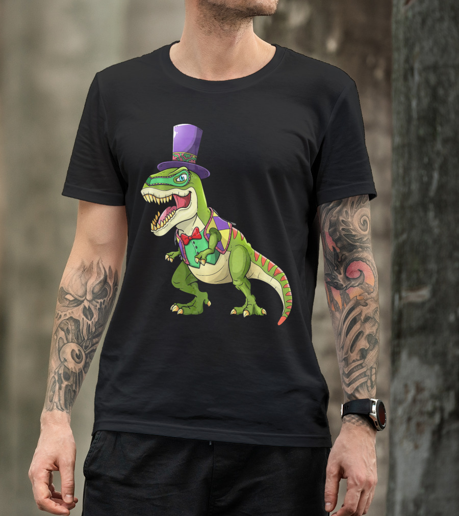 Mardi Gras Dinosaur Wearing Top Hat And Bow Tie T-Shirt