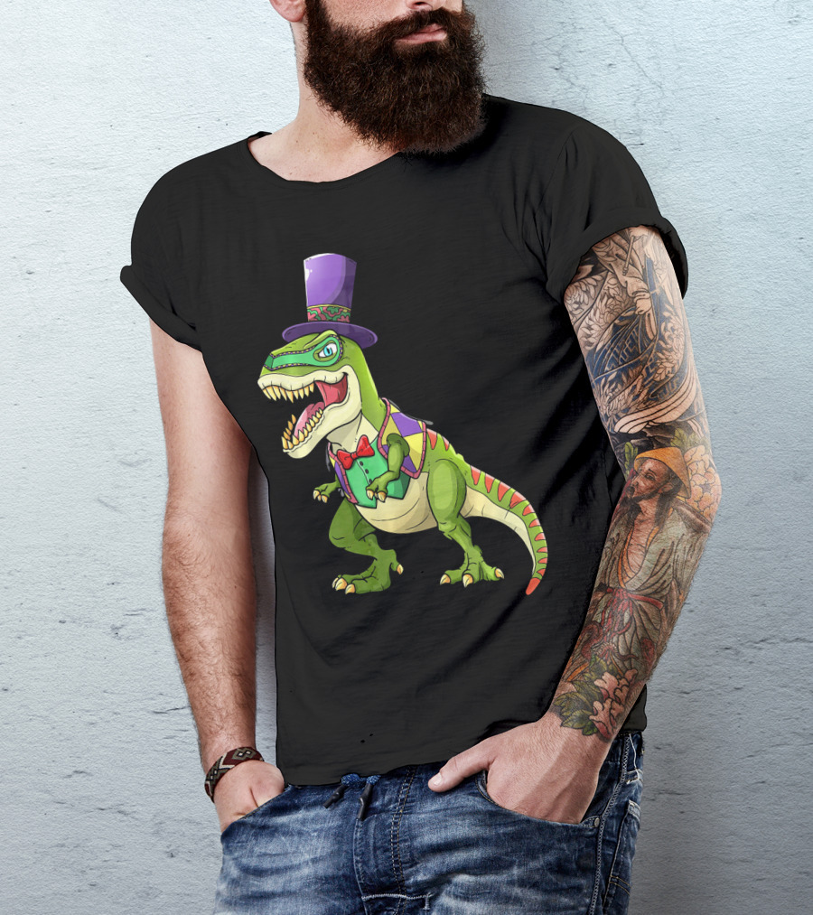 Mardi Gras Dinosaur Wearing Top Hat And Bow Tie T-Shirt
