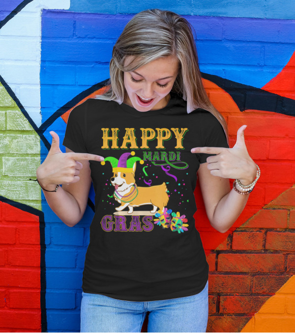 Happy Mardi Gras Welsh Corgi Costume Party T-Shirt