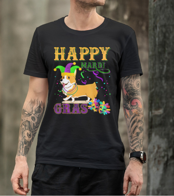Happy Mardi Gras Welsh Corgi Costume Party T-Shirt