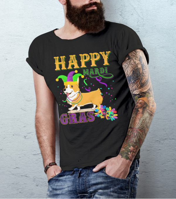 Happy Mardi Gras Welsh Corgi Costume Party T-Shirt