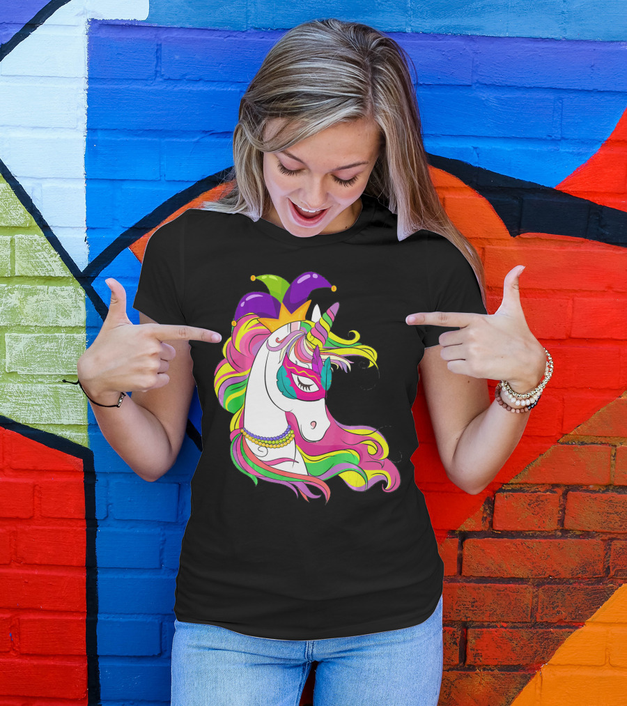 Mardi Gras Jester Unicorn With Rainbow Mask And Colorful Mane T-Shirt