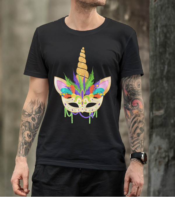 Unicorn Mask With Feathers And Beads Mardi Gras T-Shirt