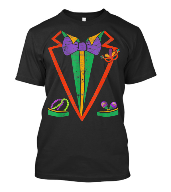 Mardi Gras Tuxedo Vest Purple Bow Tie Colorful Beads And Mask T-Shirt