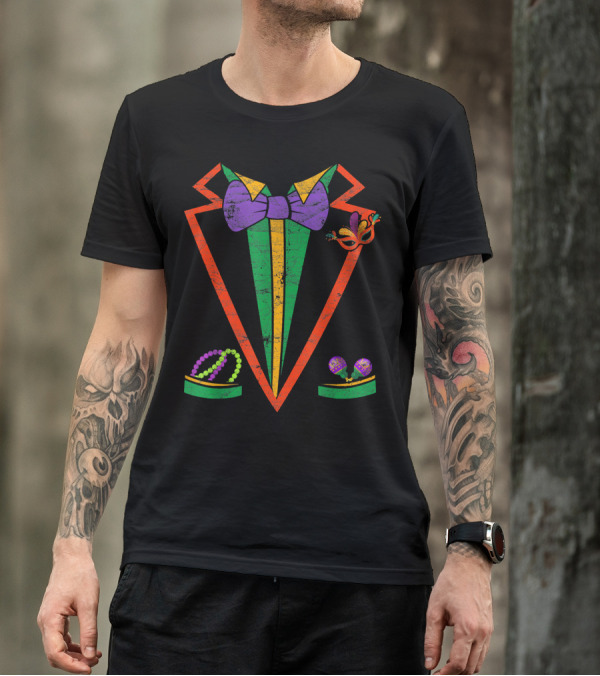 Mardi Gras Tuxedo Vest Purple Bow Tie Colorful Beads And Mask T-Shirt
