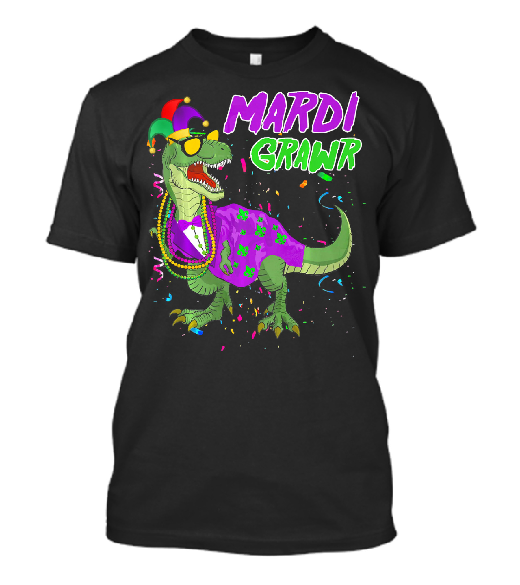 Mardi Grawr Dinosaur In Beads And Jester Hat With Confetti T-Shirt