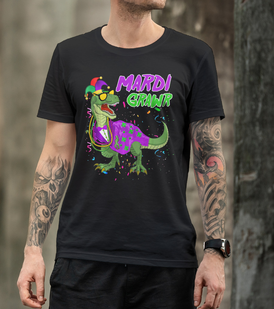 Mardi Grawr Dinosaur In Beads And Jester Hat With Confetti T-Shirt