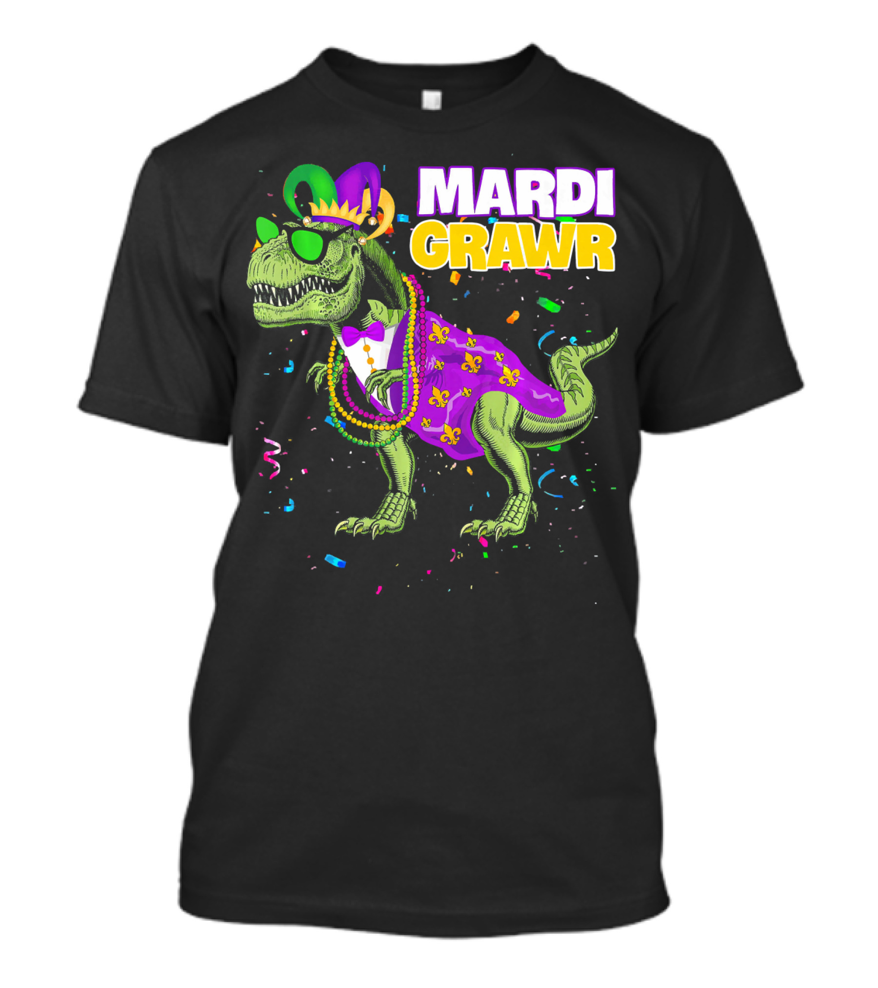 Mardi Gras Dinosaur Wearing Beads And Mask With Confetti T-Shirt