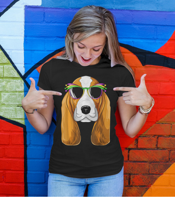 Basset Hound With Mardi Gras Carnival Mask And Sunglasses T-Shirt
