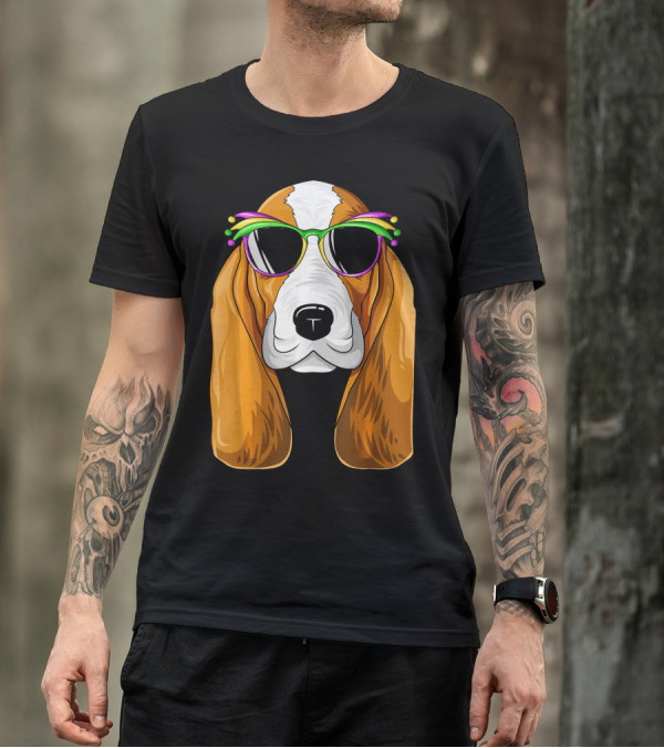 Basset Hound With Mardi Gras Carnival Mask And Sunglasses T-Shirt