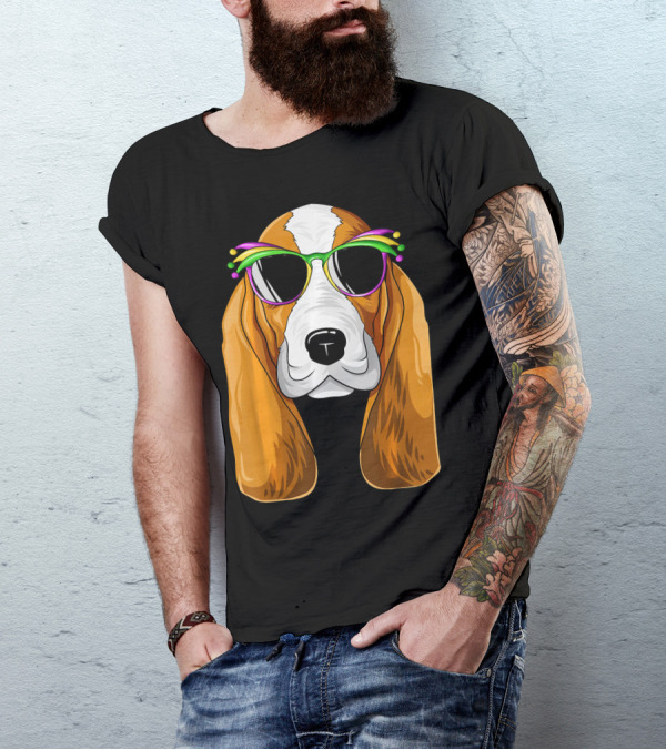 Basset Hound With Mardi Gras Carnival Mask And Sunglasses T-Shirt