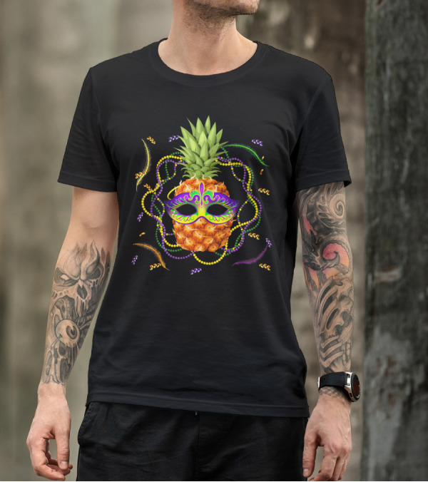 Pineapple Mardi Gras Funny Mask Beads Feathers T-Shirt