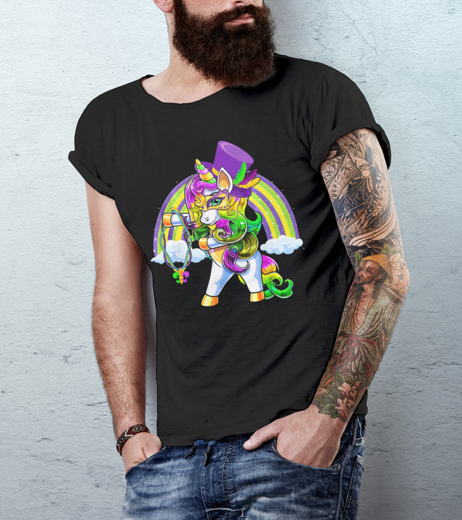 Flossing Unicorn In Top Hat With Rainbow And Mardi Gras Elements T-Shirt