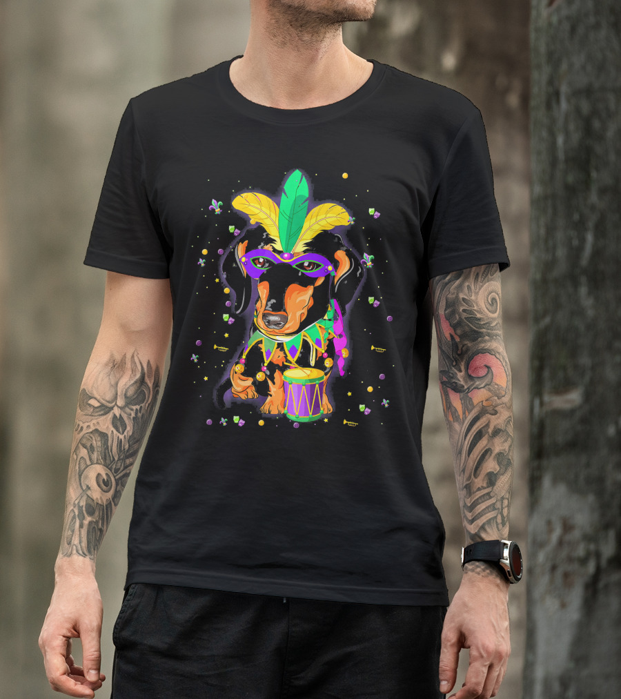 Cute Dachshund In Mardi Gras Mask With Drum And Feathers T-Shirt