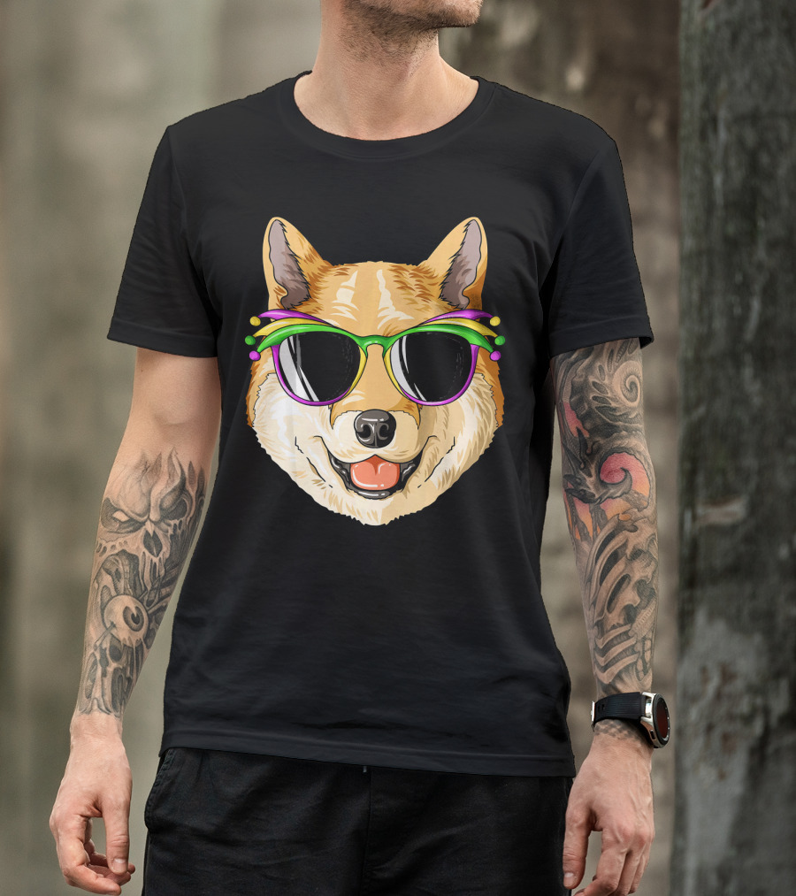 Shiba Inu In Mardi Gras Carnival Mask With Festive Sunglasses T-Shirt