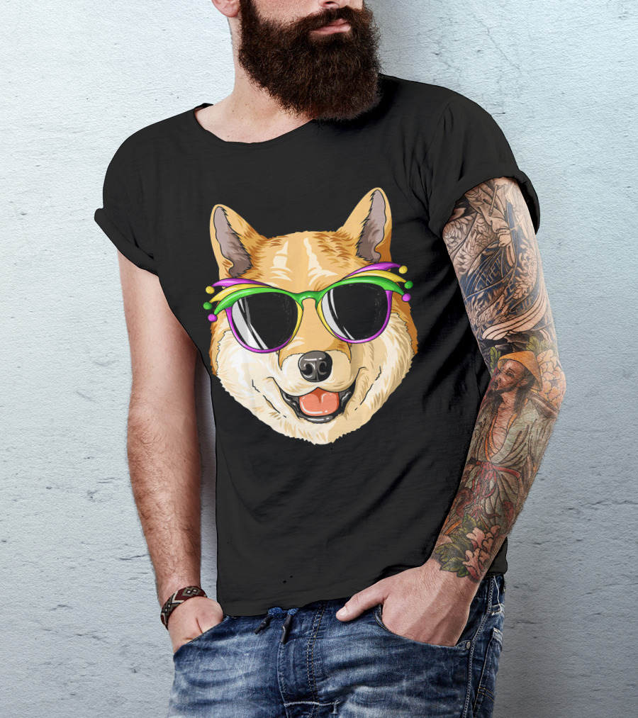 Shiba Inu In Mardi Gras Carnival Mask With Festive Sunglasses T-Shirt