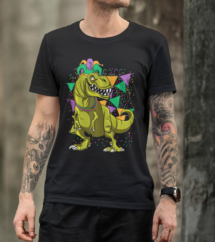 Funny Fat Tuesday Mardi Gras T-Rex Jester With Beads And Confetti T-Shirt