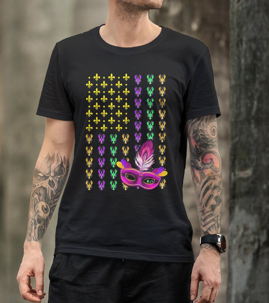 Crawfish Fleur-de-Lis Mardi Gras Mask American Flag T-Shirt