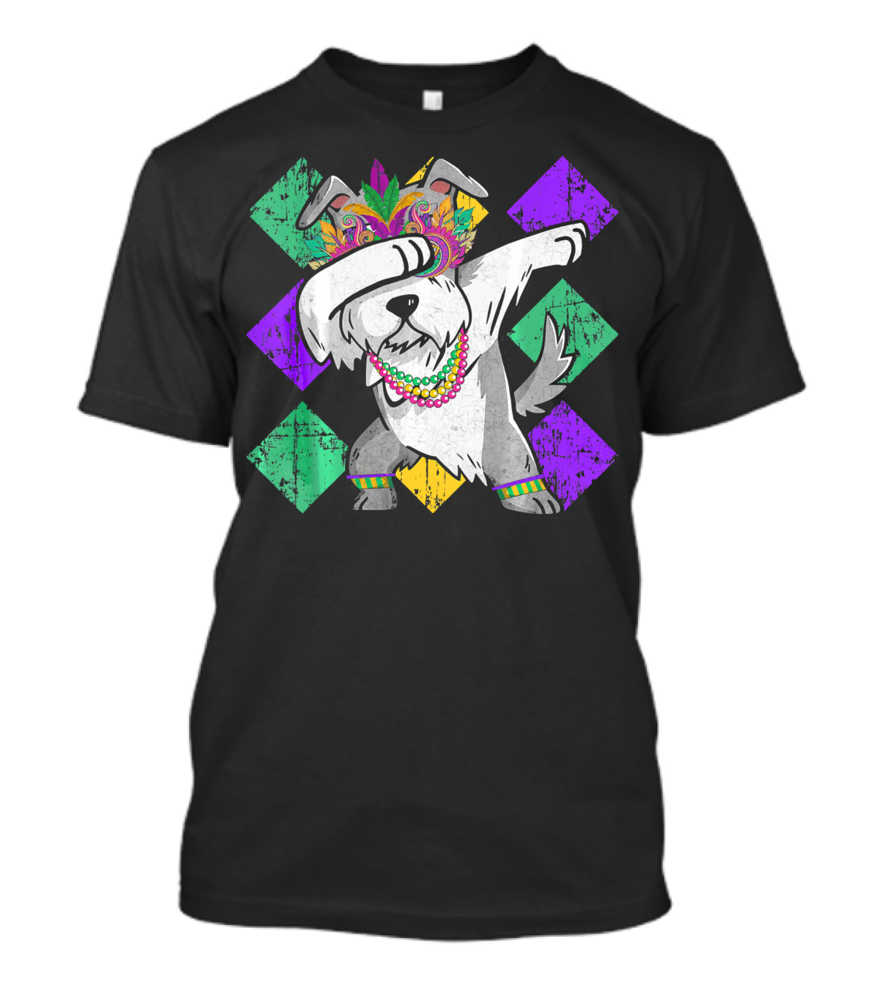 Schnauzer Dog Dabbing With Mardi Gras Mask And Beads In Colorful T-Shirt