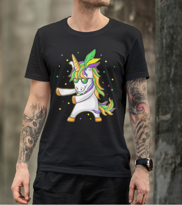 Mardi Gras Unicorn Dabbing And Flossing Colorful Festive Dance T-Shirt