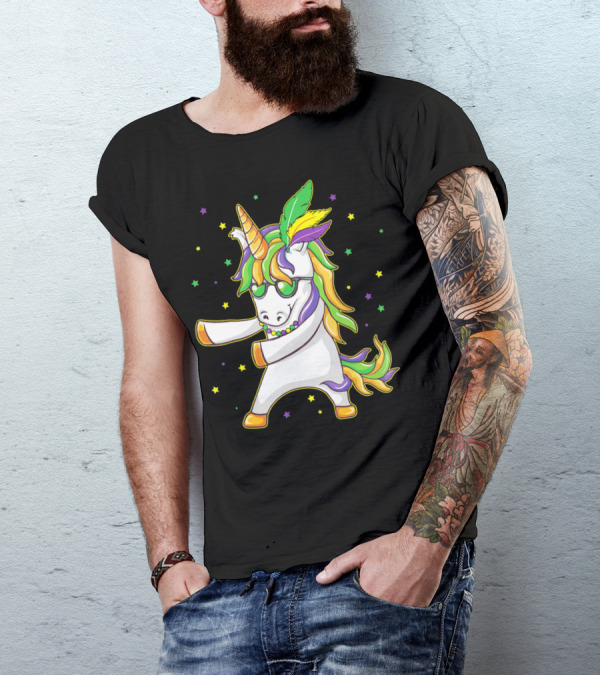 Mardi Gras Unicorn Dabbing And Flossing Colorful Festive Dance T-Shirt