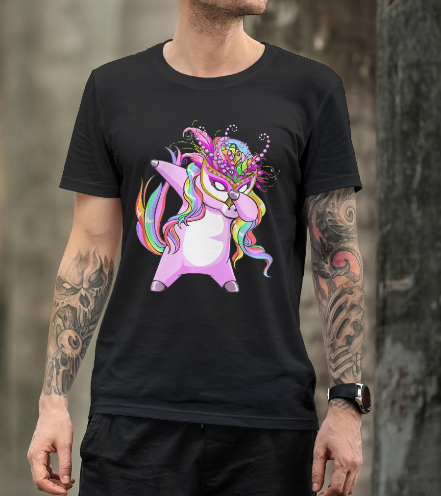 Dabbing Mardi Gras Masked Unicorn With Colorful Mane T-Shirt
