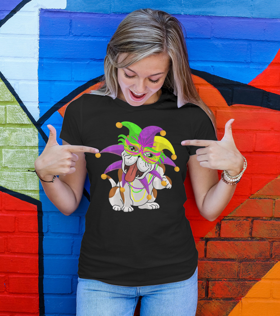 Mardi Gras English Bulldog Fat Tuesday Mask Jester Hat T-Shirt
