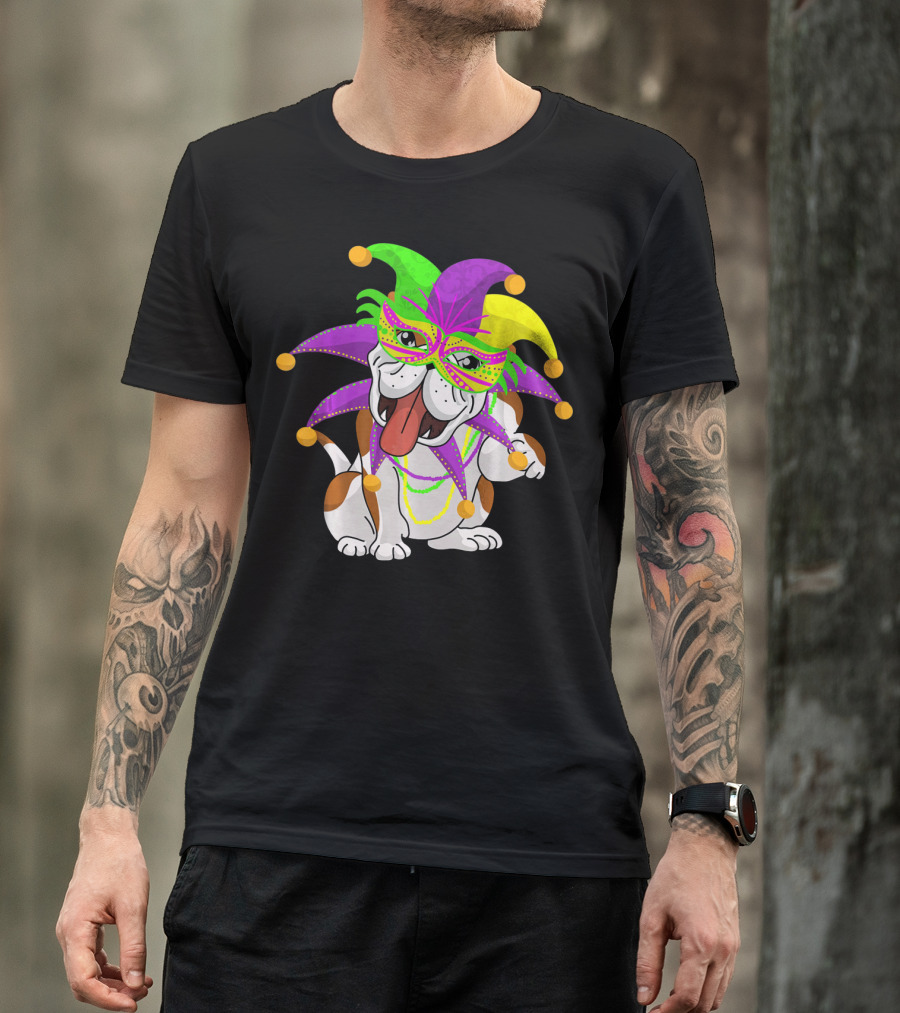 Mardi Gras English Bulldog Fat Tuesday Mask Jester Hat T-Shirt