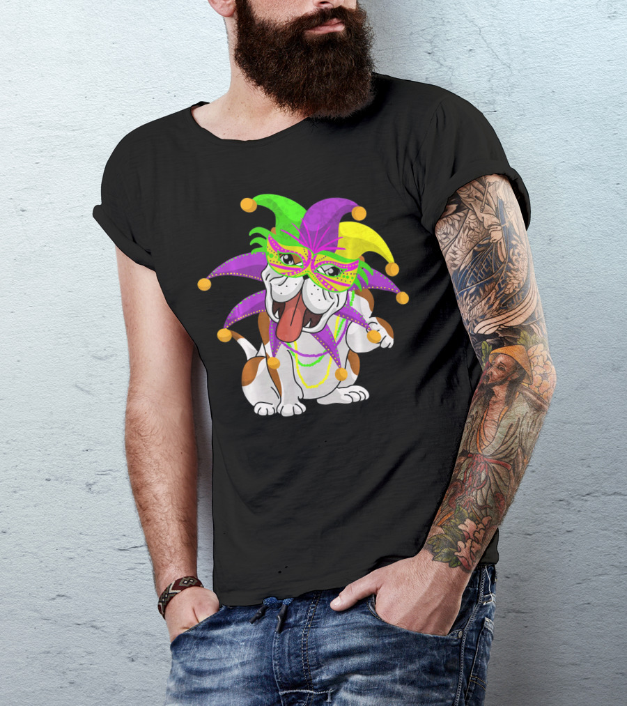 Mardi Gras English Bulldog Fat Tuesday Mask Jester Hat T-Shirt