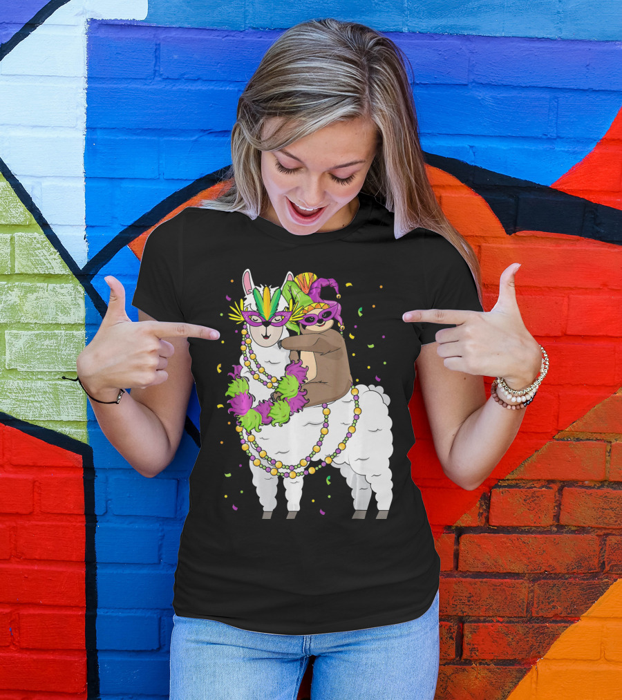 Llama Masked With Beads And Confetti Sloth Mardi Gras T-Shirt