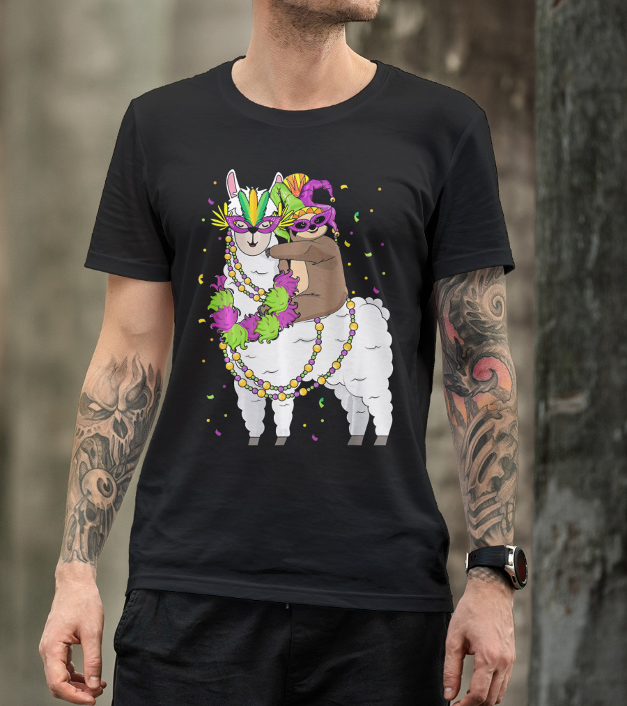 Llama Masked With Beads And Confetti Sloth Mardi Gras T-Shirt