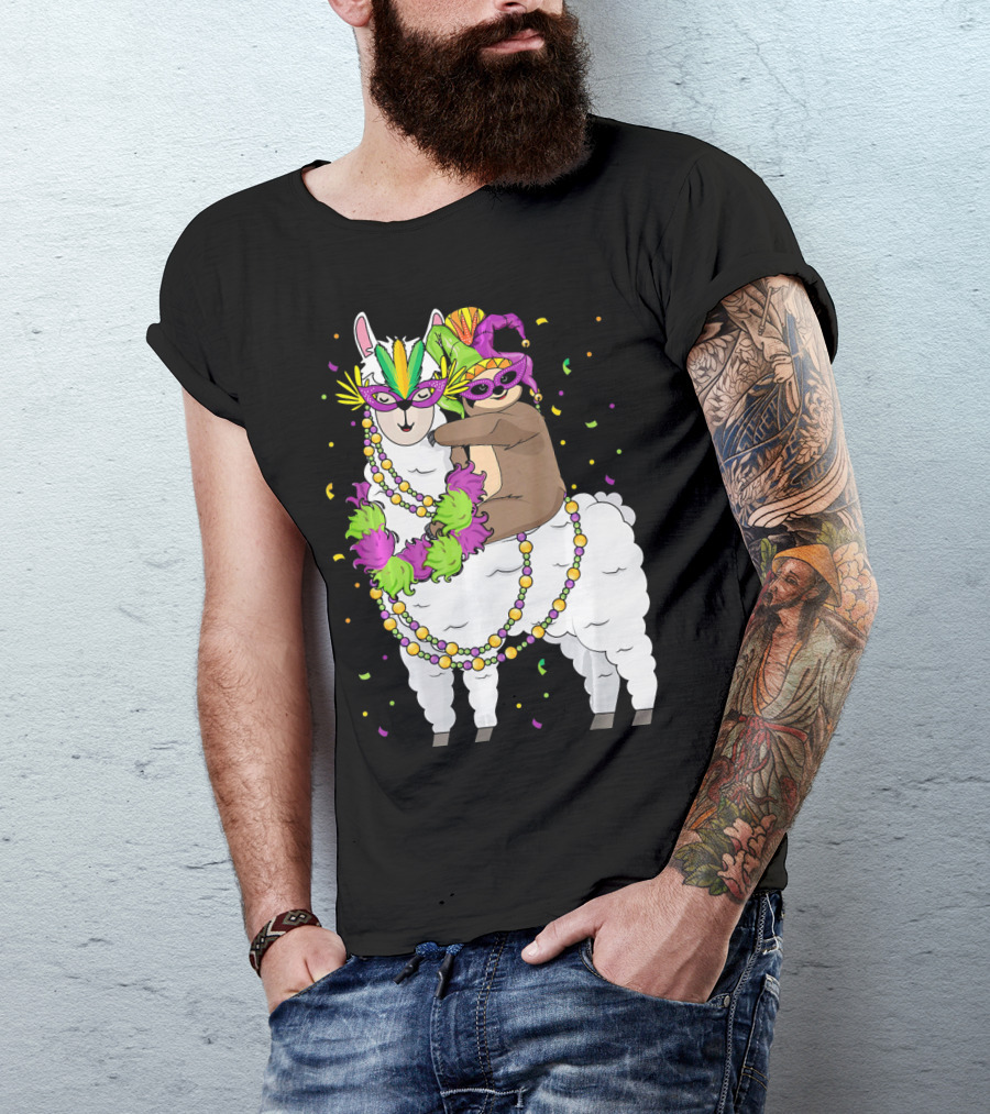 Llama Masked With Beads And Confetti Sloth Mardi Gras T-Shirt