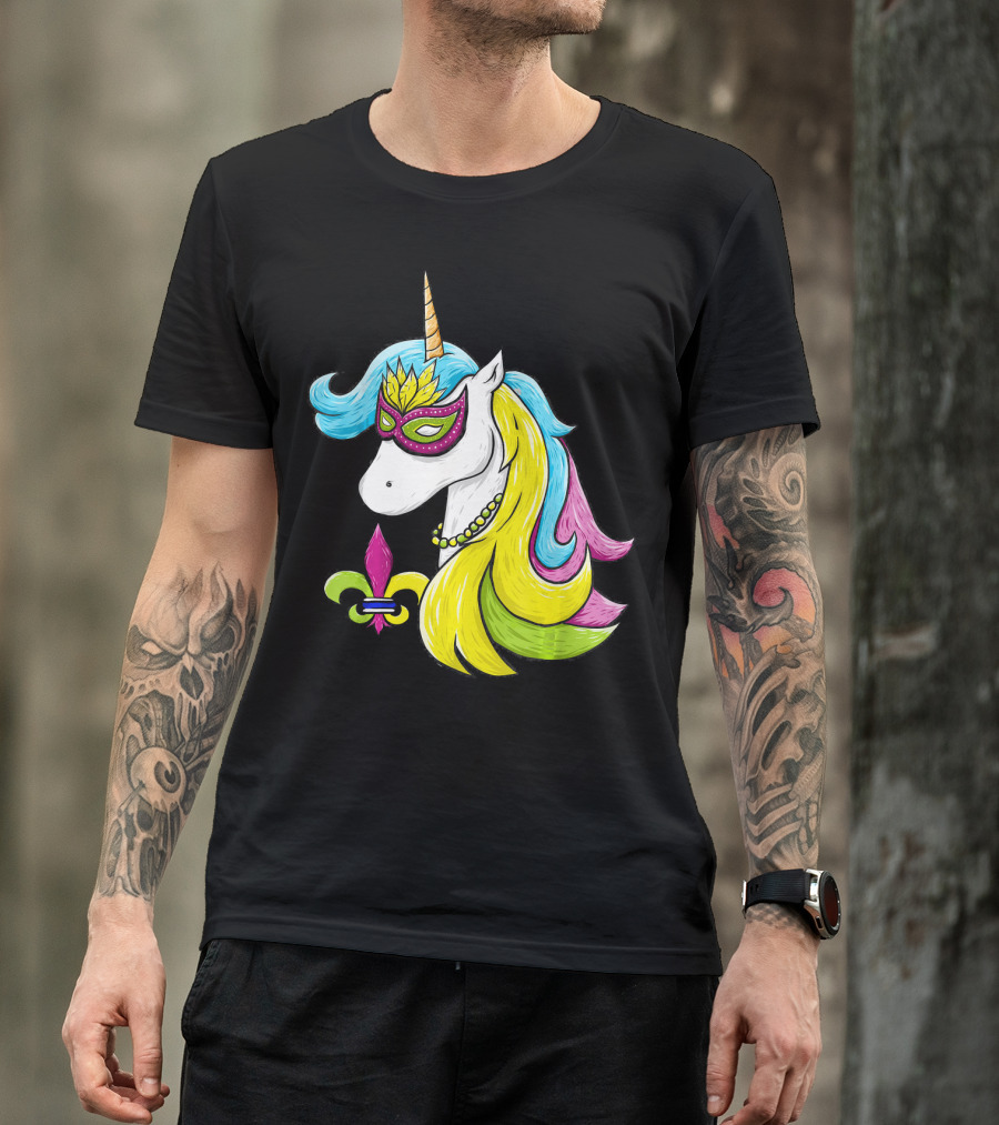 Mardi Gras Unicorn Mask With Fleur-de-Lis And Colorful Hair Fat Tuesday T-Shirt
