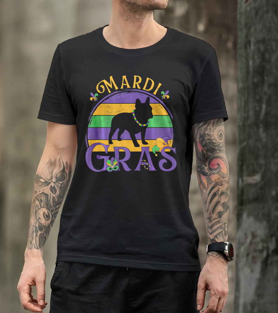Mardi Gras French Bulldog Beads Festive Celebration Fleur-de-Lis T-Shirt