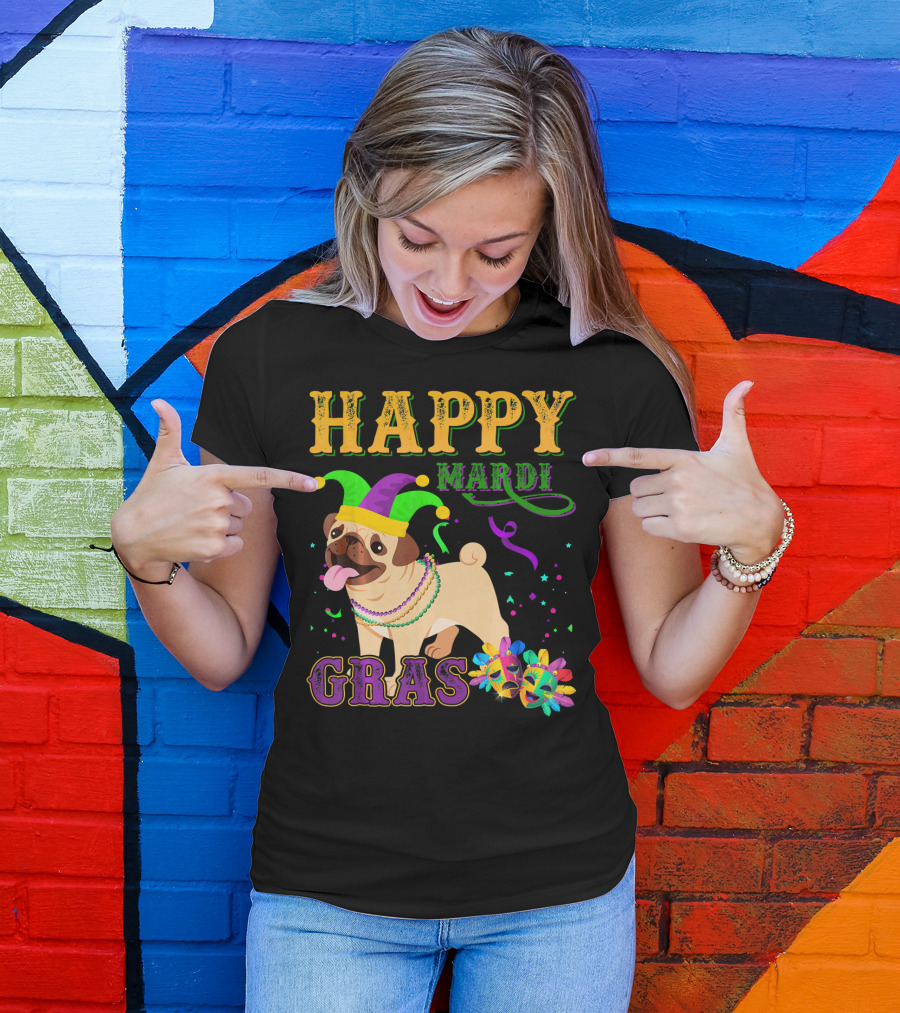 Happy Mardi Gras Pug Dog Costume Party T-Shirt
