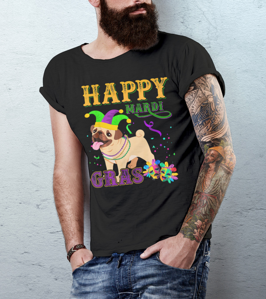 Happy Mardi Gras Pug Dog Costume Party T-Shirt