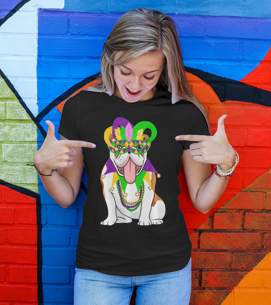 Mardi Gras English Bulldog Mask Beads Costume T-Shirt