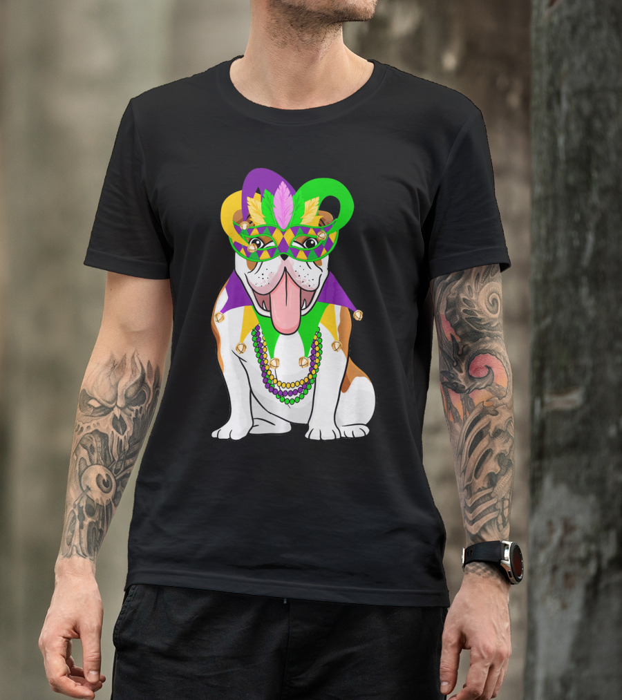 Mardi Gras English Bulldog Mask Beads Costume T-Shirt