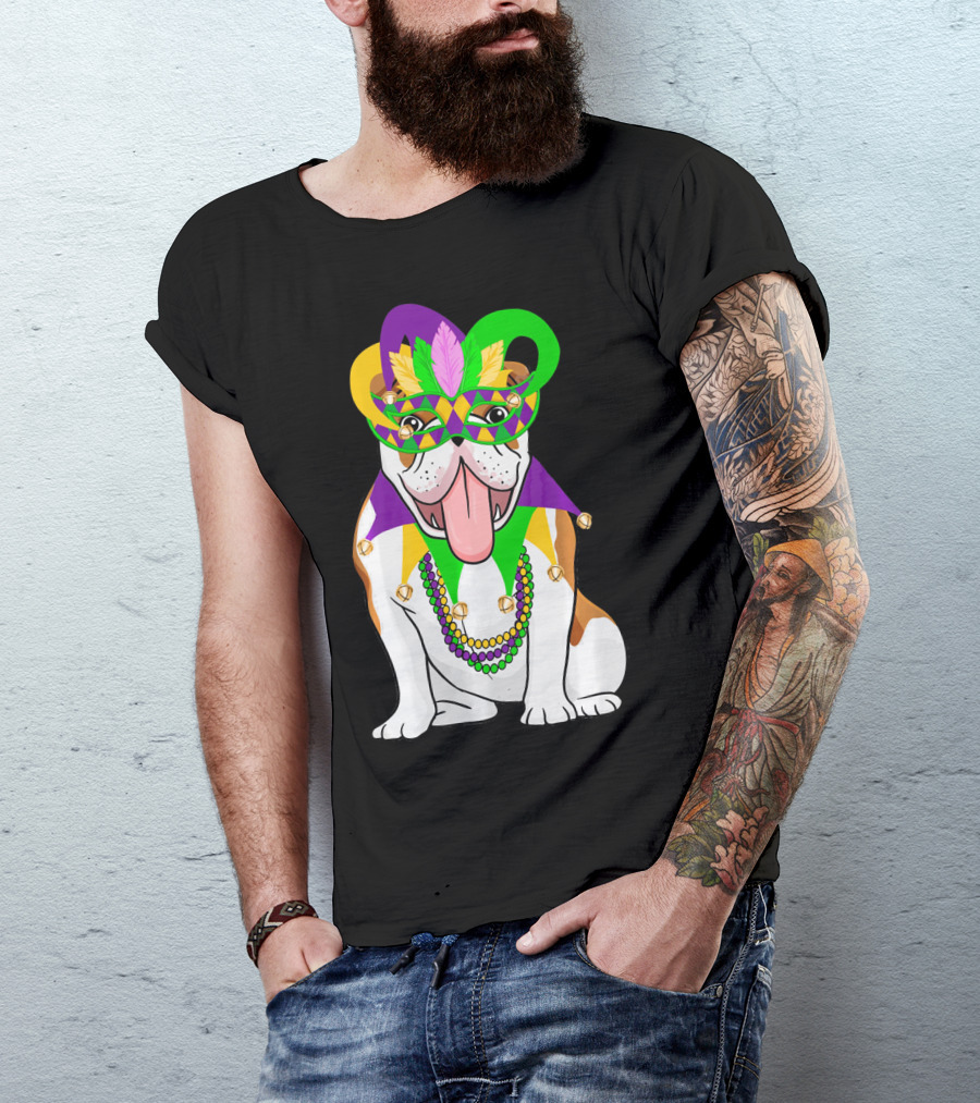 Mardi Gras English Bulldog Mask Beads Costume T-Shirt