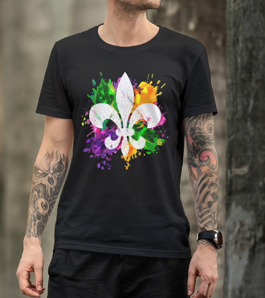 Mardi Gras Fleur De Lis Colorful Splatter Background T-Shirt