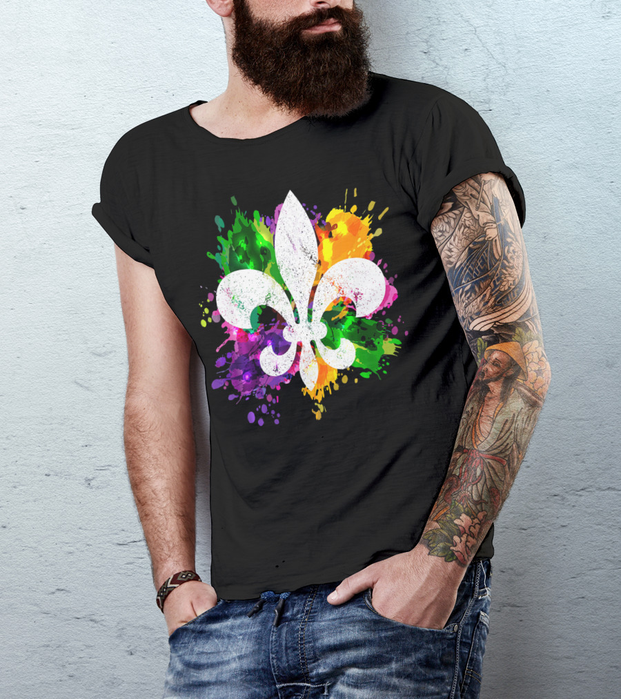 Mardi Gras Fleur De Lis Colorful Splatter Background T-Shirt